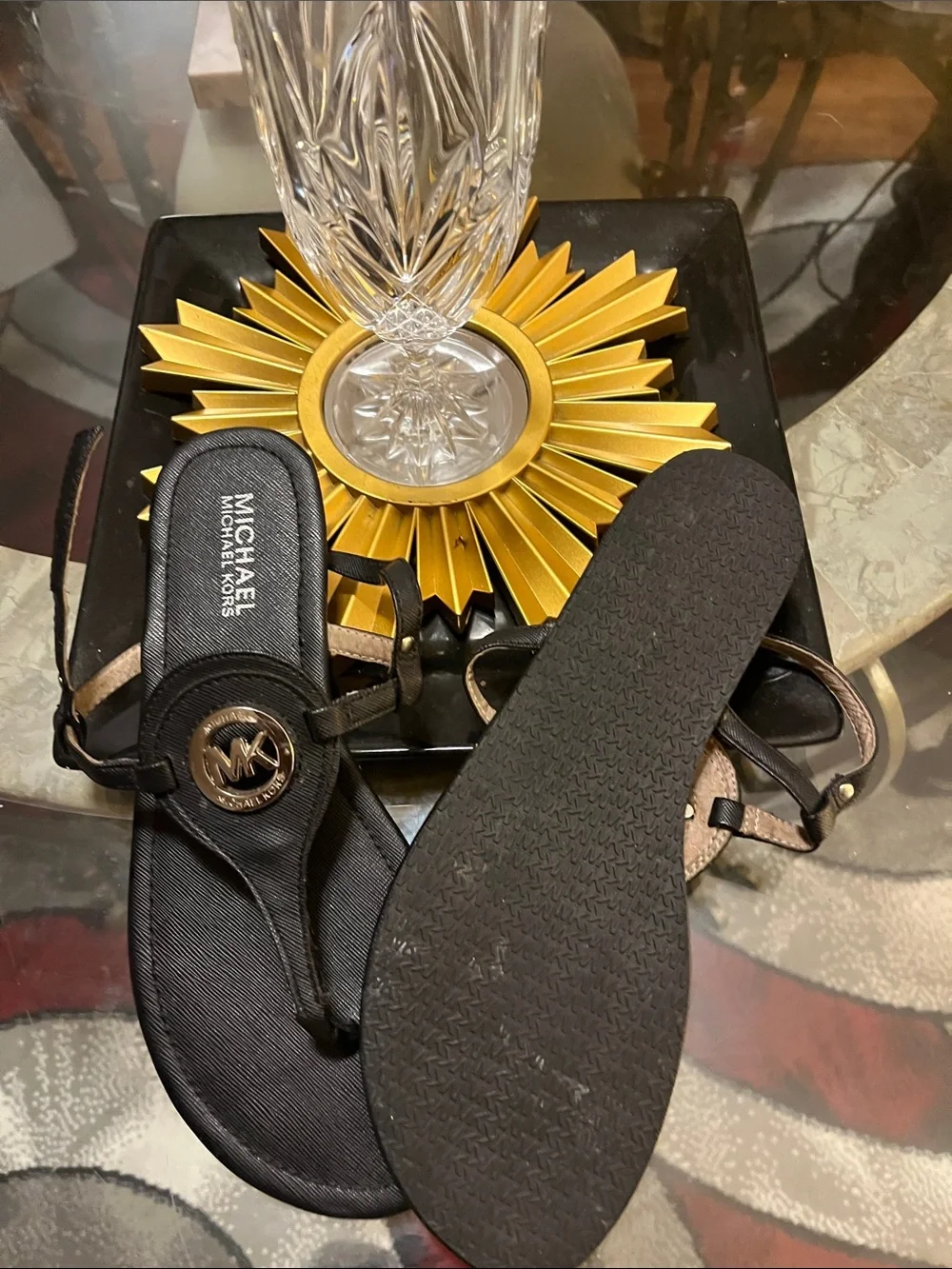 Michael Kors Black Logo Thong Sandals with Gold Medallion 💋